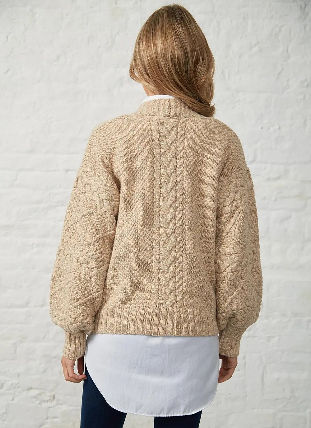 Thistle Cable Knit Sleeve Cardigan in Seashell Blarney
